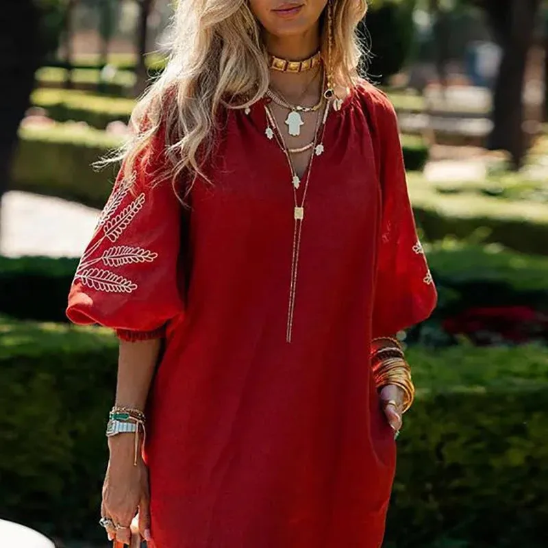 UAKISS  -  Autumn Pattern Printed Cotton Linen Dress Women's Casual O Neck Loose Bohemian Dress Elegant Lantern Sleeve Pocket Holiday Dress