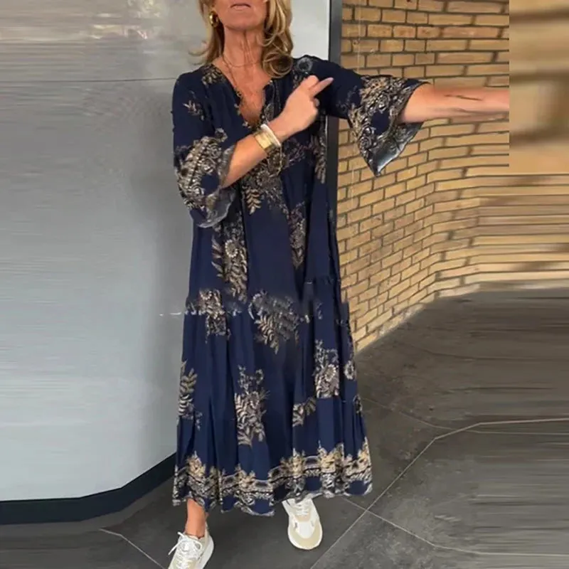 UAKISS  -  New Vintage Pattern Printed Commuter Maxi Dress Casual Women V Neck Pleated Bohemian Dress Elegant Long Sleeve Swing Dress Mujer