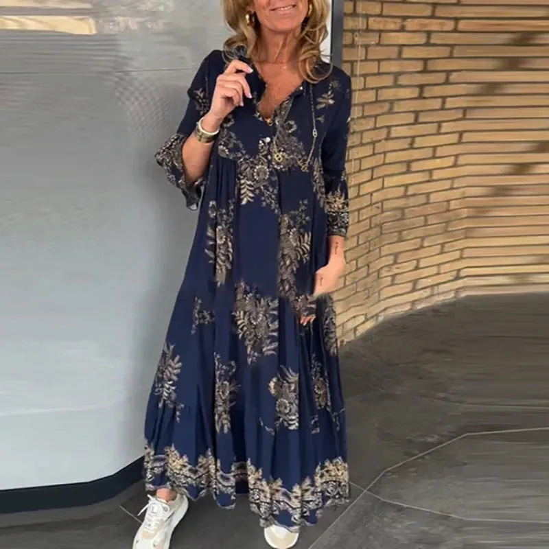 UAKISS  -  New Vintage Pattern Printed Commuter Maxi Dress Casual Women V Neck Pleated Bohemian Dress Elegant Long Sleeve Swing Dress Mujer