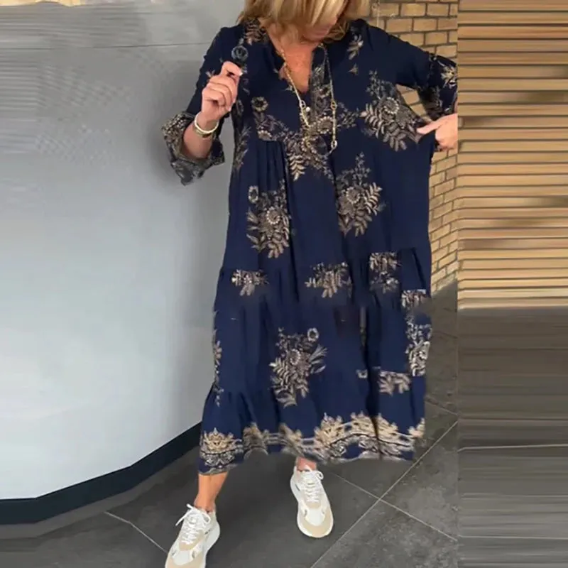 UAKISS  -  New Vintage Pattern Printed Commuter Maxi Dress Casual Women V Neck Pleated Bohemian Dress Elegant Long Sleeve Swing Dress Mujer