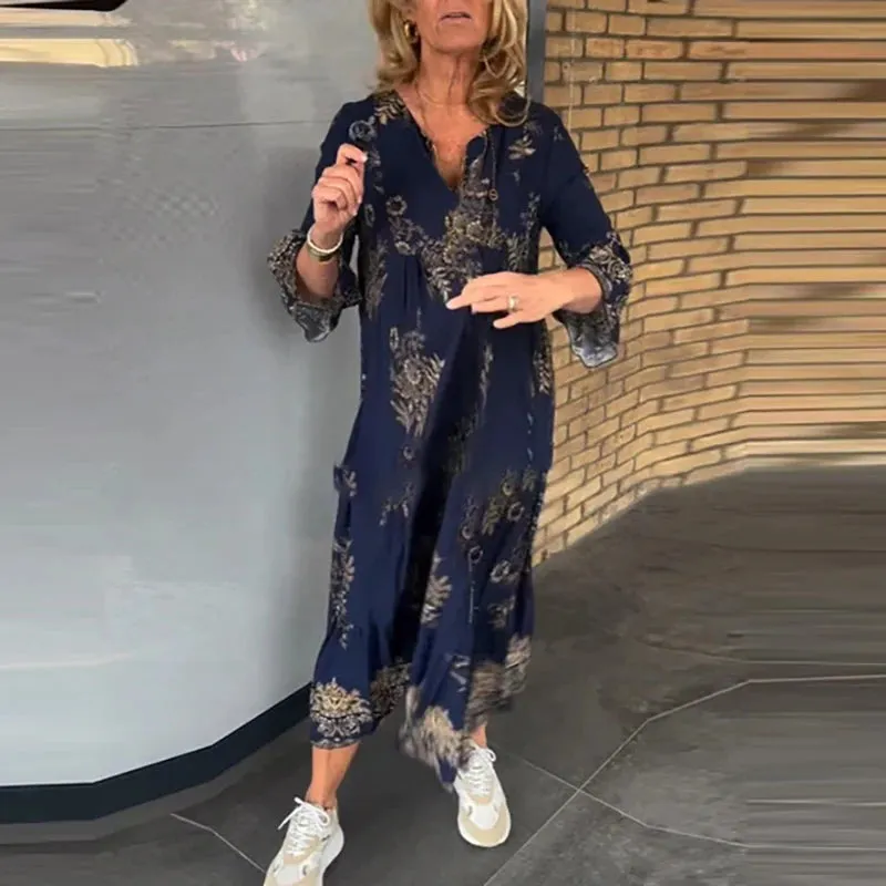 UAKISS  -  New Vintage Pattern Printed Commuter Maxi Dress Casual Women V Neck Pleated Bohemian Dress Elegant Long Sleeve Swing Dress Mujer