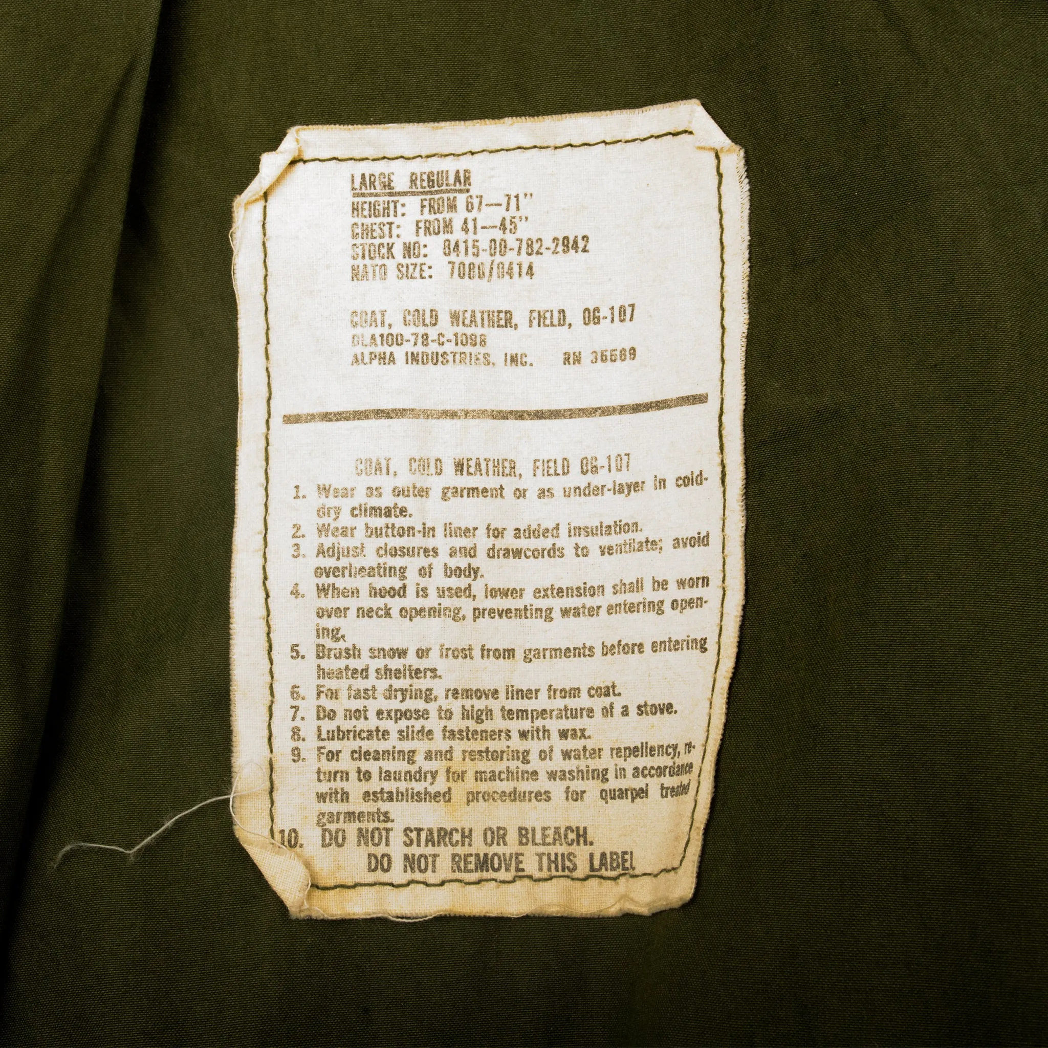 VINTAGE US ARMY M-1965 M65 FIELD JACKET 1978 SIZE LARGE REGULAR