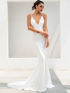 White Sleeveless Spaghetti Strap Ruched Detail Backless Floor Length Slip Dress
