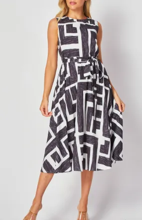 Woven Printed Sleeveless Midi Dress with Self Belt