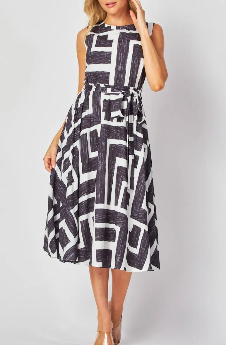 Woven Printed Sleeveless Midi Dress with Self Belt