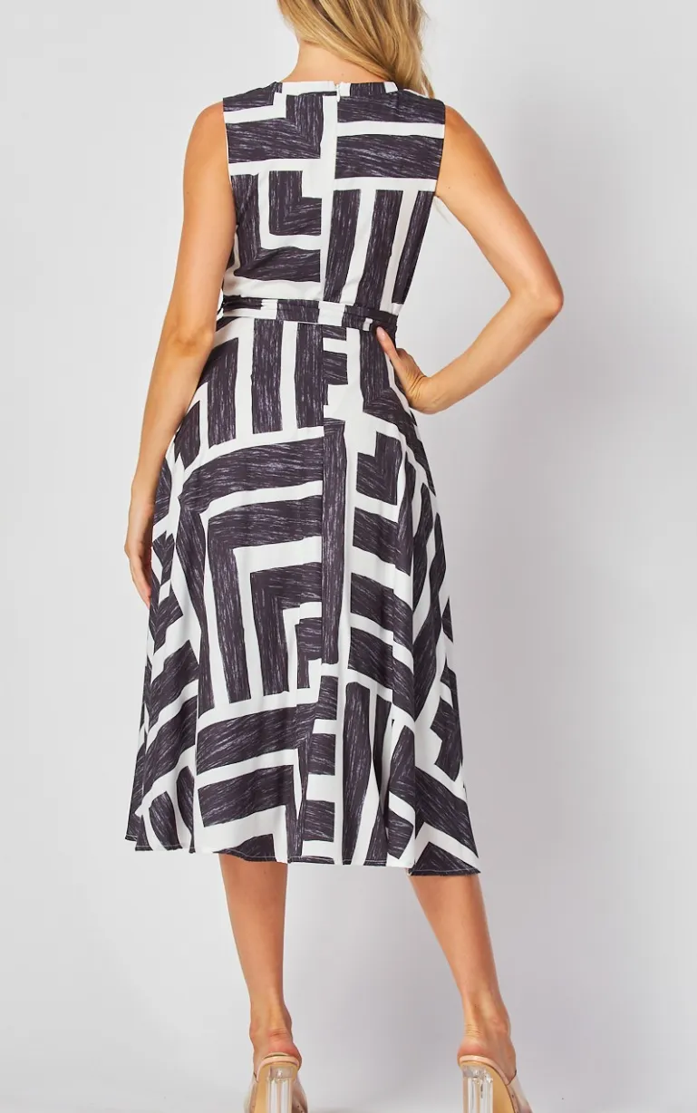 Woven Printed Sleeveless Midi Dress with Self Belt
