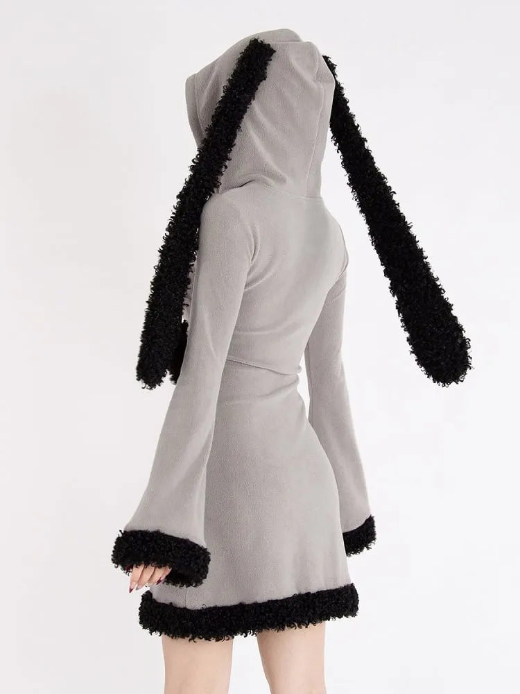 Y2k Gray Bunny Ear Hood Bell Sleeves Plush Trim Dress with Star Straps